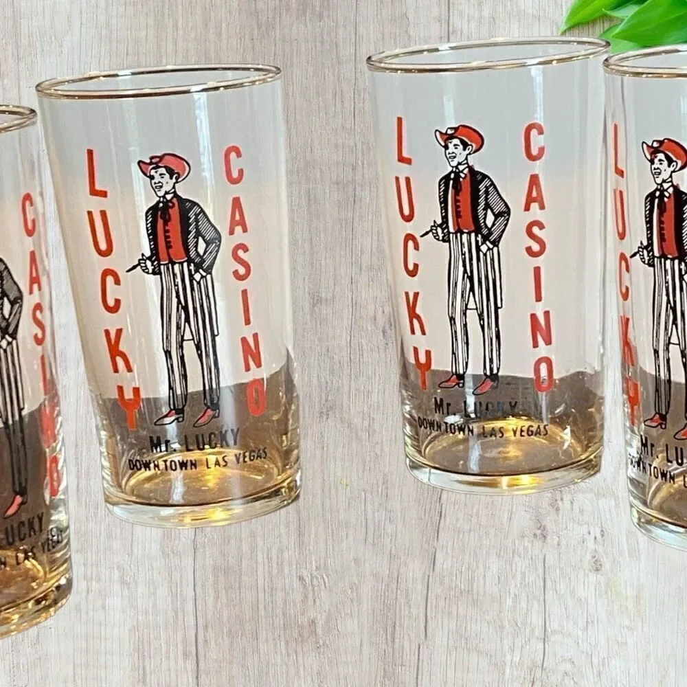 4 - Lucky Casino - Mr. Lucky - Downtown Las Vegas Bar Glass Vintage 4.75”
